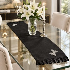 Taşlı Kelebek Detaylı Tafta Saten Siyah Pileli Masa Runnerı 40×150 cm | Midnight Butterfly Runner