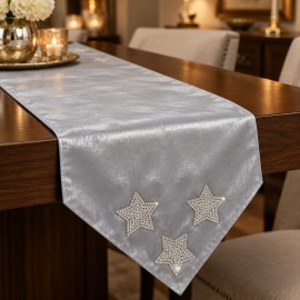 Taşlı Yıldız Detaylı Gri Tafta Saten Runner 40×140 cm | Silver Star Runner