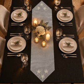 Taşlı Yıldız Detaylı Gri Tafta Saten Runner 40×140 cm | Silver Star Runner