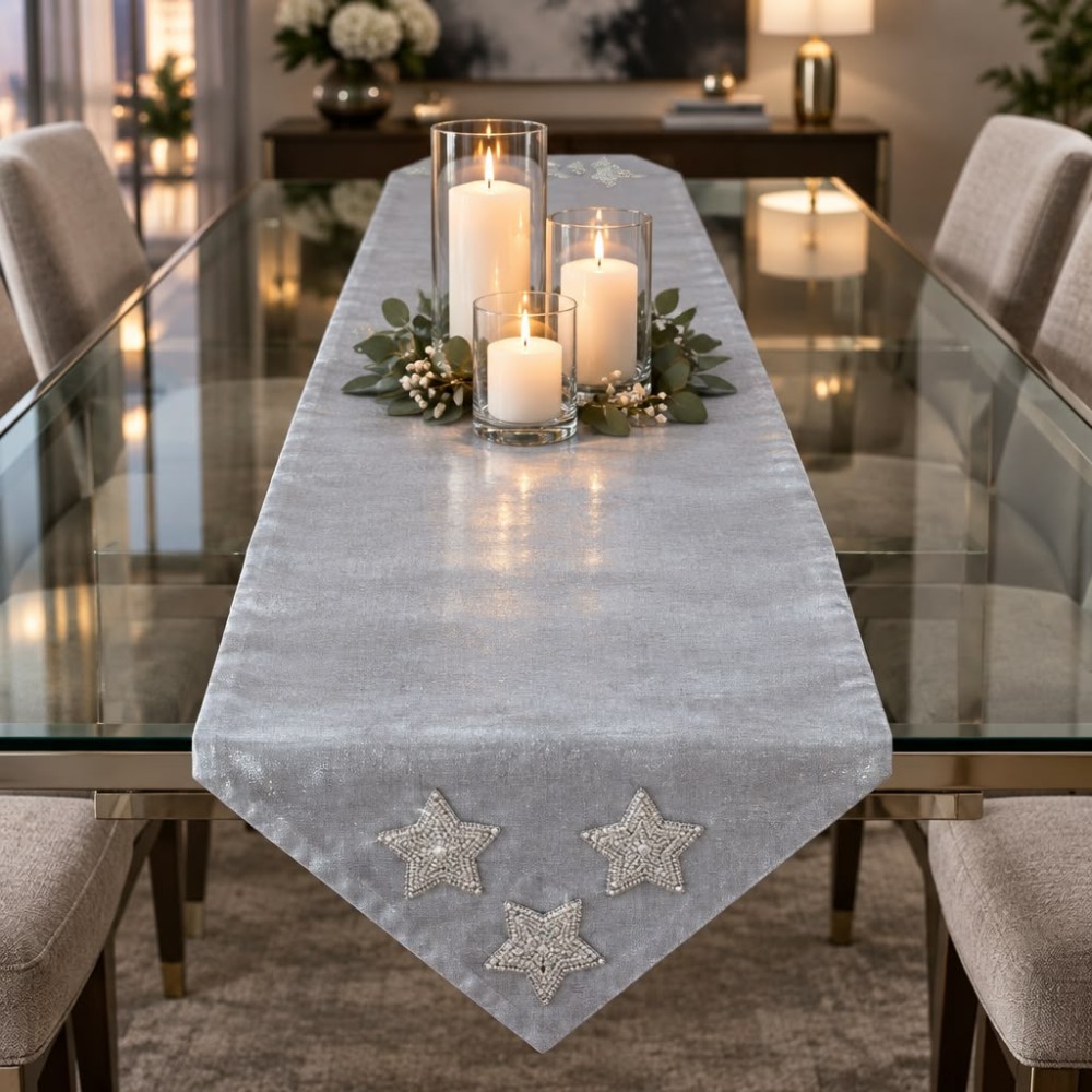 Taşlı Yıldız Detaylı Gri Tafta Saten Runner 40×140 cm | Silver Star Runner