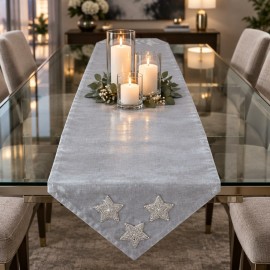 Taşlı Yıldız Detaylı Gri Tafta Saten Runner 40×140 cm | Silver Star Runner