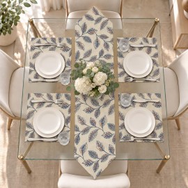 Krem Zeminli Yaprak Desenli 5 Parça Runner ve Amerikan Servis Takımı | Leaf Pattern Runner and Placemat Set