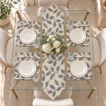 Krem Zeminli Yaprak Desenli 5 Parça Runner ve Amerikan Servis Takımı | Leaf Pattern Runner and Placemat Set