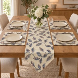 Krem Zeminli Yaprak Desenli 5 Parça Runner ve Amerikan Servis Takımı | Leaf Pattern Runner and Placemat Set