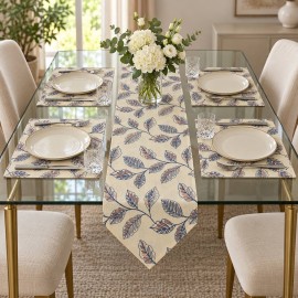 Krem Zeminli Yaprak Desenli 5 Parça Runner ve Amerikan Servis Takımı | Leaf Pattern Runner and Placemat Set