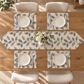 Krem Zeminli Yaprak Desenli 5 Parça Runner ve Amerikan Servis Takımı | Leaf Pattern Runner and Placemat Set