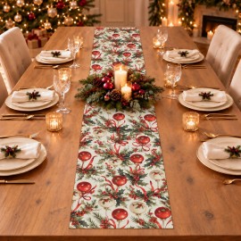Krem Zeminli Yılbaşı Topu Desenli Düz Kesim Keten Polyester Runner 200 × 40 cm | Cream Christmas Bauble Print Straight-End Table Runner