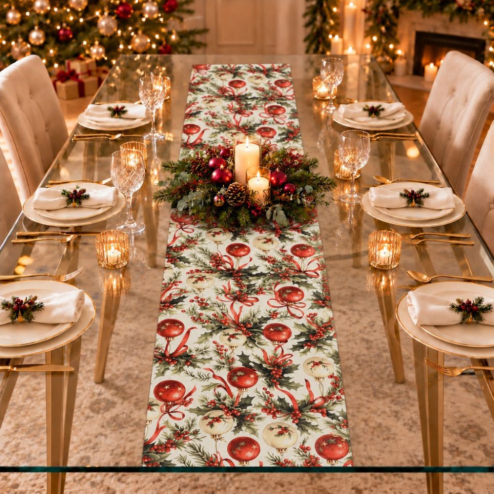 Krem Zeminli Yılbaşı Topu Desenli Düz Kesim Keten Polyester Runner 200 × 40 cm | Cream Christmas Bauble Print Straight-End Table Runner