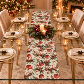 Krem Zeminli Yılbaşı Topu Desenli Düz Kesim Keten Polyester Runner 200 × 40 cm | Cream Christmas Bauble Print Straight-End Table Runner