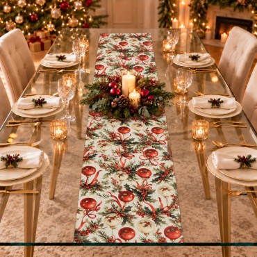 Krem Zeminli Yılbaşı Topu Desenli Düz Kesim Keten Polyester Runner 200 × 40 cm | Cream Christmas Bauble Print Straight-End Table Runner