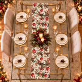 Krem Zeminli Yılbaşı Topu Desenli Düz Kesim Keten Polyester Runner 200 × 40 cm | Cream Christmas Bauble Print Straight-End Table Runner