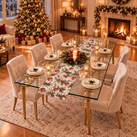 Krem Zeminli Yılbaşı Topu Desenli Düz Kesim Keten Polyester Runner 200 × 40 cm | Cream Christmas Bauble Print Straight-End Table Runner