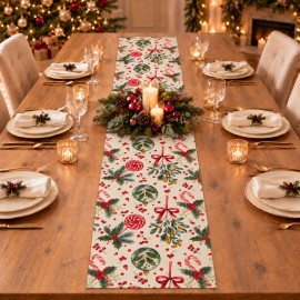 Krem Zeminli Yılbaşı Şekeri Desenli Düz Kesim Keten Polyester Runner 200 × 40 cm | Cream Christmas Candy Print Straight-End Table Runner