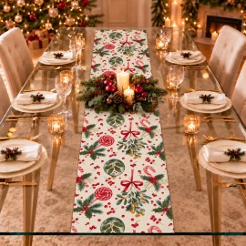 Krem Zeminli Yılbaşı Şekeri Desenli Düz Kesim Keten Polyester Runner 200 × 40 cm | Cream Christmas Candy Print Straight-End Table Runner