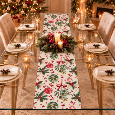 Krem Zeminli Yılbaşı Şekeri Desenli Düz Kesim Keten Polyester Runner 200 × 40 cm | Cream Christmas Candy Print Straight-End Table Runner