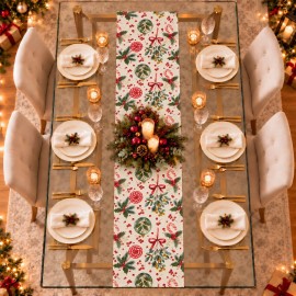 Krem Zeminli Yılbaşı Şekeri Desenli Düz Kesim Keten Polyester Runner 200 × 40 cm | Cream Christmas Candy Print Straight-End Table Runner