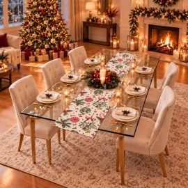 Krem Zeminli Yılbaşı Şekeri Desenli Düz Kesim Keten Polyester Runner 200 × 40 cm | Cream Christmas Candy Print Straight-End Table Runner