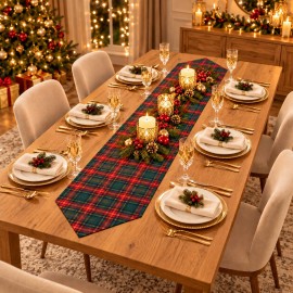 Kırmızı Yeşil Ekose Yılbaşı Runner 170 × 40 cm | Red & Green Plaid Christmas Table Runner