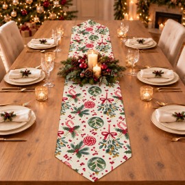 Krem Zeminli Yılbaşı Şekeri Desenli Sivri Uçlu Keten Polyester Runner 200 × 40 cm | Cream Christmas Candy Print Pointed-End Table Runner