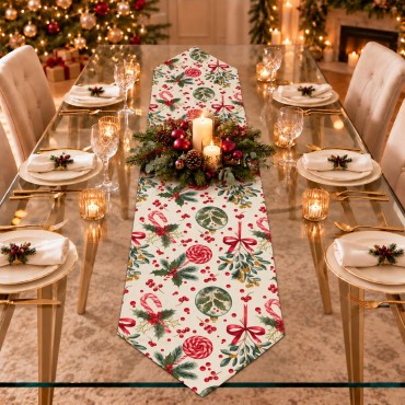 Krem Zeminli Yılbaşı Şekeri Desenli Sivri Uçlu Keten Polyester Runner 200 × 40 cm | Cream Christmas Candy Print Pointed-End Table Runner