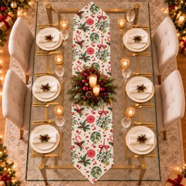 Krem Zeminli Yılbaşı Şekeri Desenli Sivri Uçlu Keten Polyester Runner 200 × 40 cm | Cream Christmas Candy Print Pointed-End Table Runner