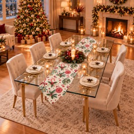 Krem Zeminli Yılbaşı Şekeri Desenli Sivri Uçlu Keten Polyester Runner 200 × 40 cm | Cream Christmas Candy Print Pointed-End Table Runner