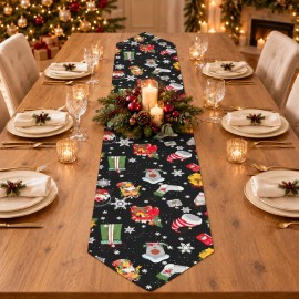 Siyah Zeminli Yılbaşı Desenli Sivri Uçlu Keten Polyester Runner 200 × 40 cm | Black Christmas Print Pointed-End Table Runner