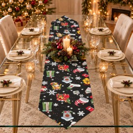 Siyah Zeminli Yılbaşı Desenli Sivri Uçlu Keten Polyester Runner 200 × 40 cm | Black Christmas Print Pointed-End Table Runner