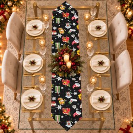 Siyah Zeminli Yılbaşı Desenli Sivri Uçlu Keten Polyester Runner 200 × 40 cm | Black Christmas Print Pointed-End Table Runner