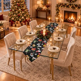 Siyah Zeminli Yılbaşı Desenli Sivri Uçlu Keten Polyester Runner 200 × 40 cm | Black Christmas Print Pointed-End Table Runner