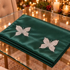Koyu Yeşil Taşlı Kelebekli Tafta Saten Runner 140 × 40 cm | Dark Green Rhinestone Butterfly Taffeta Satin Table Runner