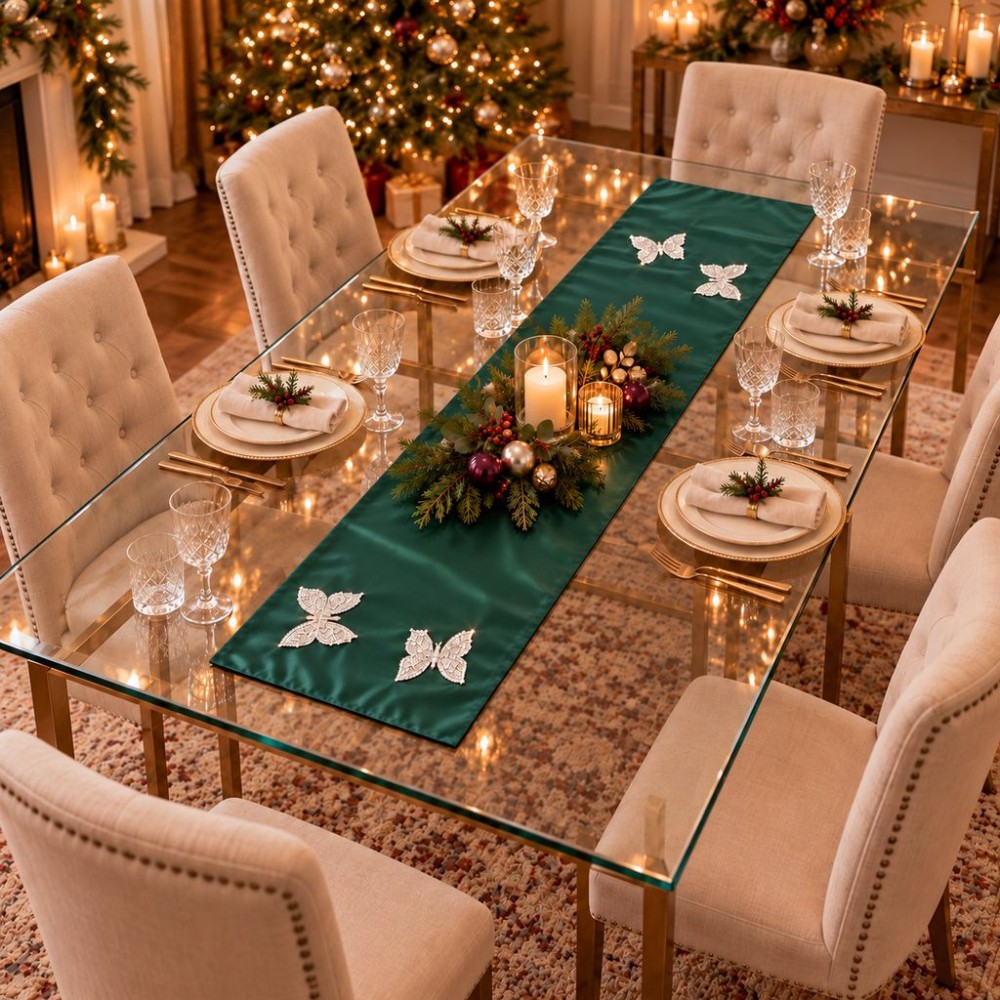 Koyu Yeşil Taşlı Kelebekli Tafta Saten Runner 140 × 40 cm | Dark Green Rhinestone Butterfly Taffeta Satin Table Runner