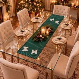 Koyu Yeşil Taşlı Kelebekli Tafta Saten Runner 140 × 40 cm | Dark Green Rhinestone Butterfly Taffeta Satin Table Runner