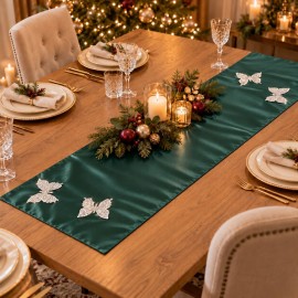 Koyu Yeşil Taşlı Kelebekli Tafta Saten Runner 140 × 40 cm | Dark Green Rhinestone Butterfly Taffeta Satin Table Runner