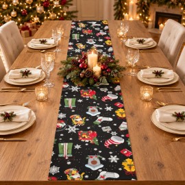 Siyah Zeminli Yılbaşı Desenli Keten Polyester Runner 200 × 40 cm | Black Christmas Print Linen Blend Table Runner