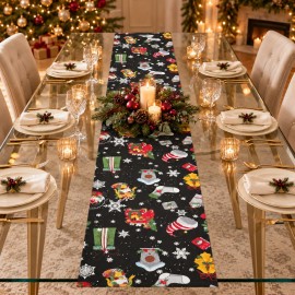 Siyah Zeminli Yılbaşı Desenli Keten Polyester Runner 200 × 40 cm | Black Christmas Print Linen Blend Table Runner