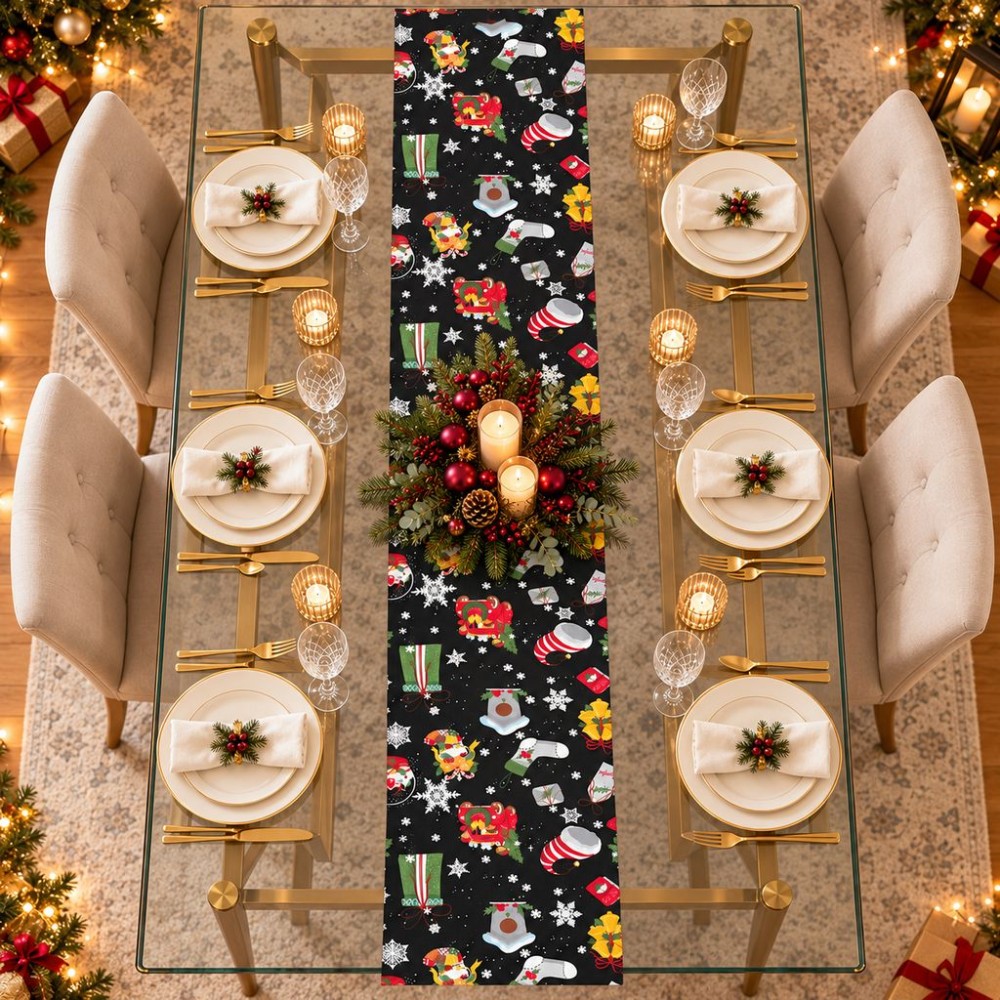 Siyah Zeminli Yılbaşı Desenli Keten Polyester Runner 200 × 40 cm | Black Christmas Print Linen Blend Table Runner