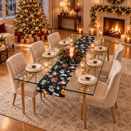 Siyah Zeminli Yılbaşı Desenli Keten Polyester Runner 200 × 40 cm | Black Christmas Print Linen Blend Table Runner