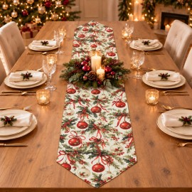 Krem Zeminli Yılbaşı Topu Desenli Sivri Uçlu Keten Polyester Runner 200 × 40 cm | Cream Christmas Bauble Print Pointed-End Table Runner