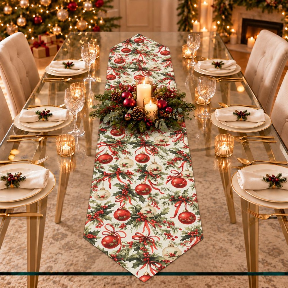 Krem Zeminli Yılbaşı Topu Desenli Sivri Uçlu Keten Polyester Runner 200 × 40 cm | Cream Christmas Bauble Print Pointed-End Table Runner