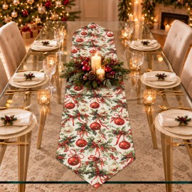 Krem Zeminli Yılbaşı Topu Desenli Sivri Uçlu Keten Polyester Runner 200 × 40 cm | Cream Christmas Bauble Print Pointed-End Table Runner
