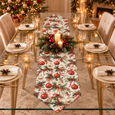 Krem Zeminli Yılbaşı Topu Desenli Sivri Uçlu Keten Polyester Runner 200 × 40 cm | Cream Christmas Bauble Print Pointed-End Table Runner