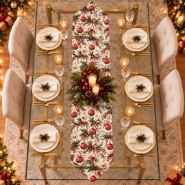 Krem Zeminli Yılbaşı Topu Desenli Sivri Uçlu Keten Polyester Runner 200 × 40 cm | Cream Christmas Bauble Print Pointed-End Table Runner
