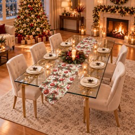Krem Zeminli Yılbaşı Topu Desenli Sivri Uçlu Keten Polyester Runner 200 × 40 cm | Cream Christmas Bauble Print Pointed-End Table Runner